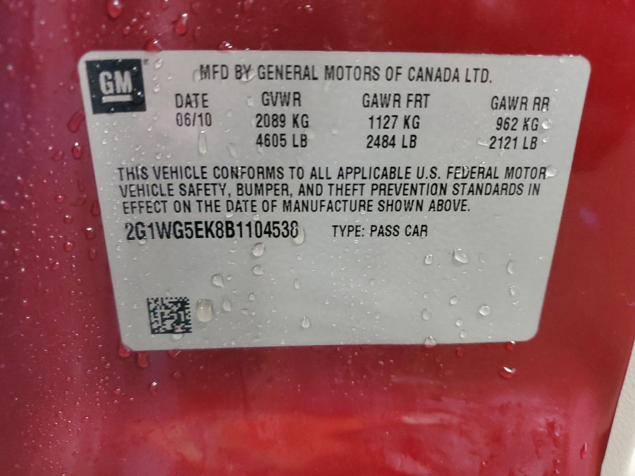 2011 Chevrolet Impala Lt VIN: 2G1WG5EK8B1104538 Lot: 62095214