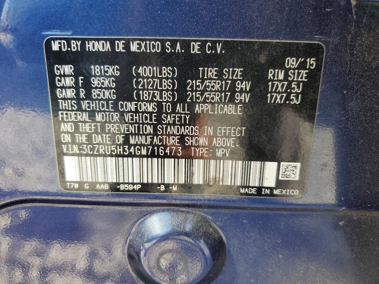 2016 Honda Hr-V Lx VIN: 3CZRU5H34GM716473 Lot: 61855804