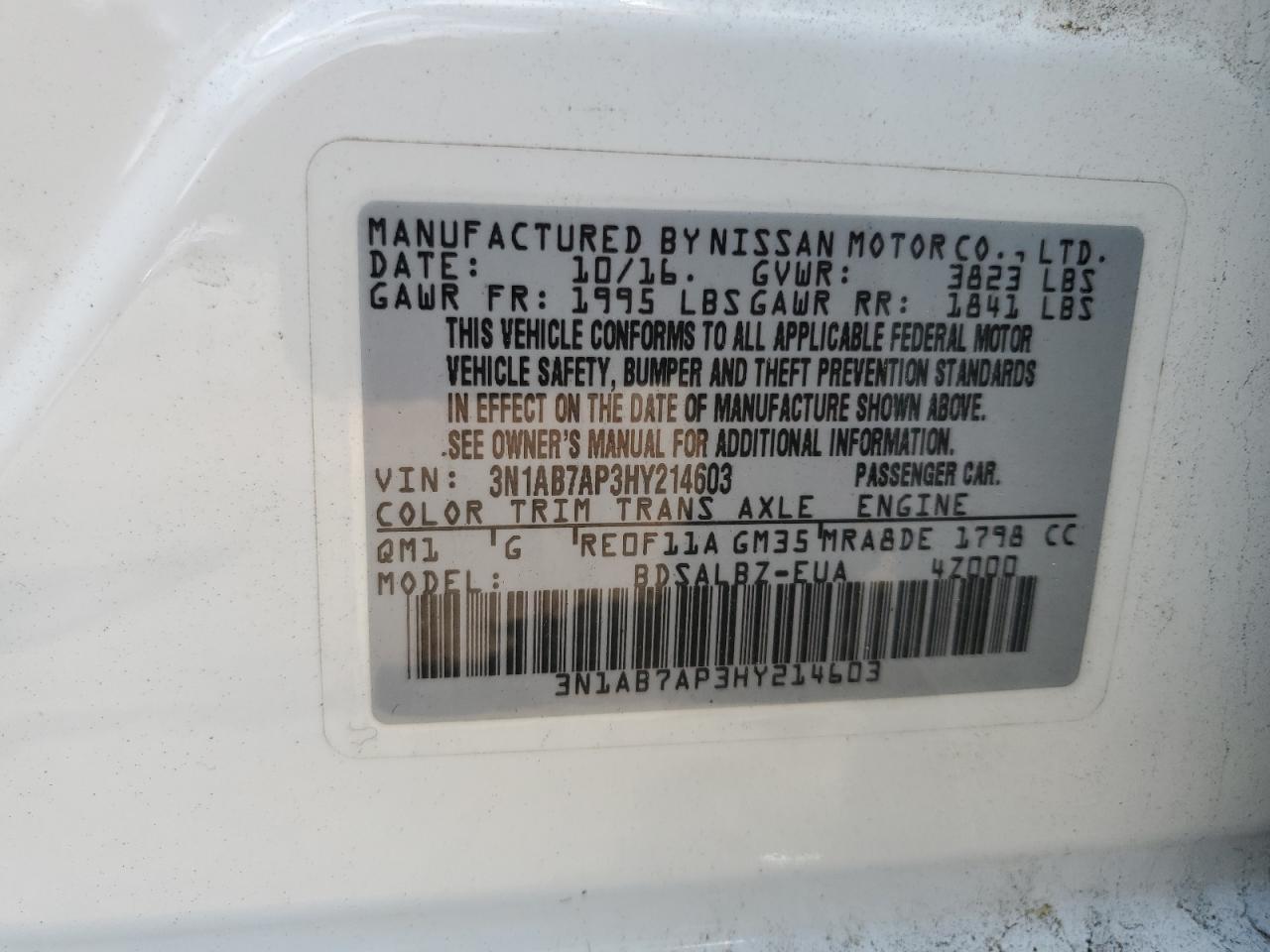 2017 Nissan Sentra S VIN: 3N1AB7AP3HY214603 Lot: 60869644