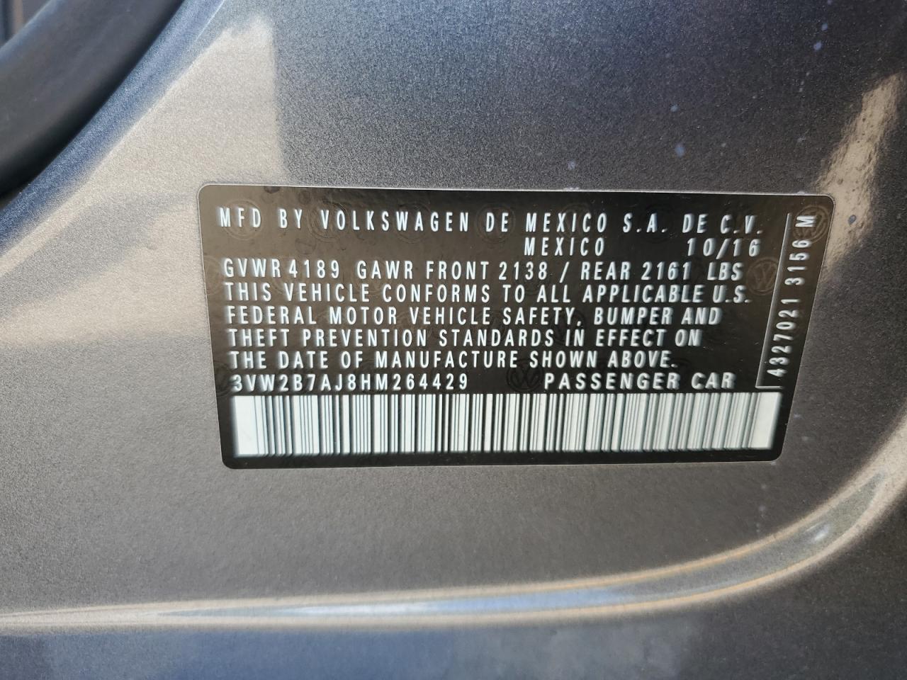2017 Volkswagen Jetta S VIN: 3VW2B7AJ8HM264429 Lot: 63825524