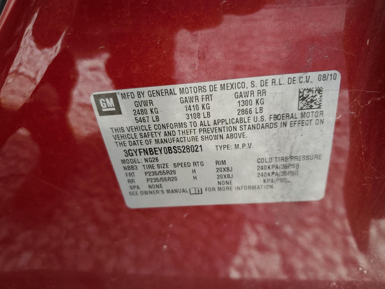 2011 Cadillac Srx Performance Collection VIN: 3GYFNBEY0BS528021 Lot: 62153044