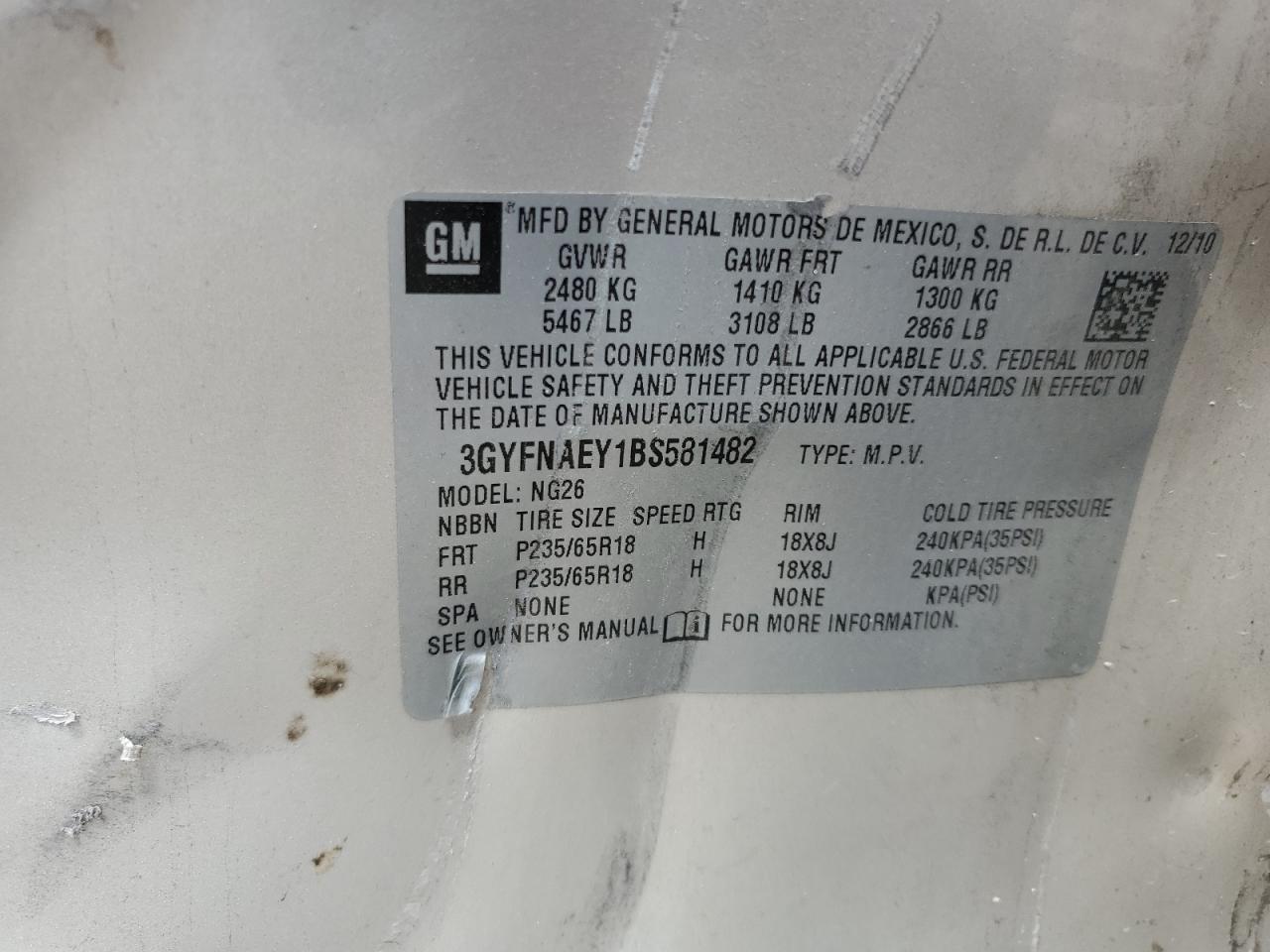 2011 Cadillac Srx Luxury Collection VIN: 3GYFNAEY1BS581482 Lot: 62518494