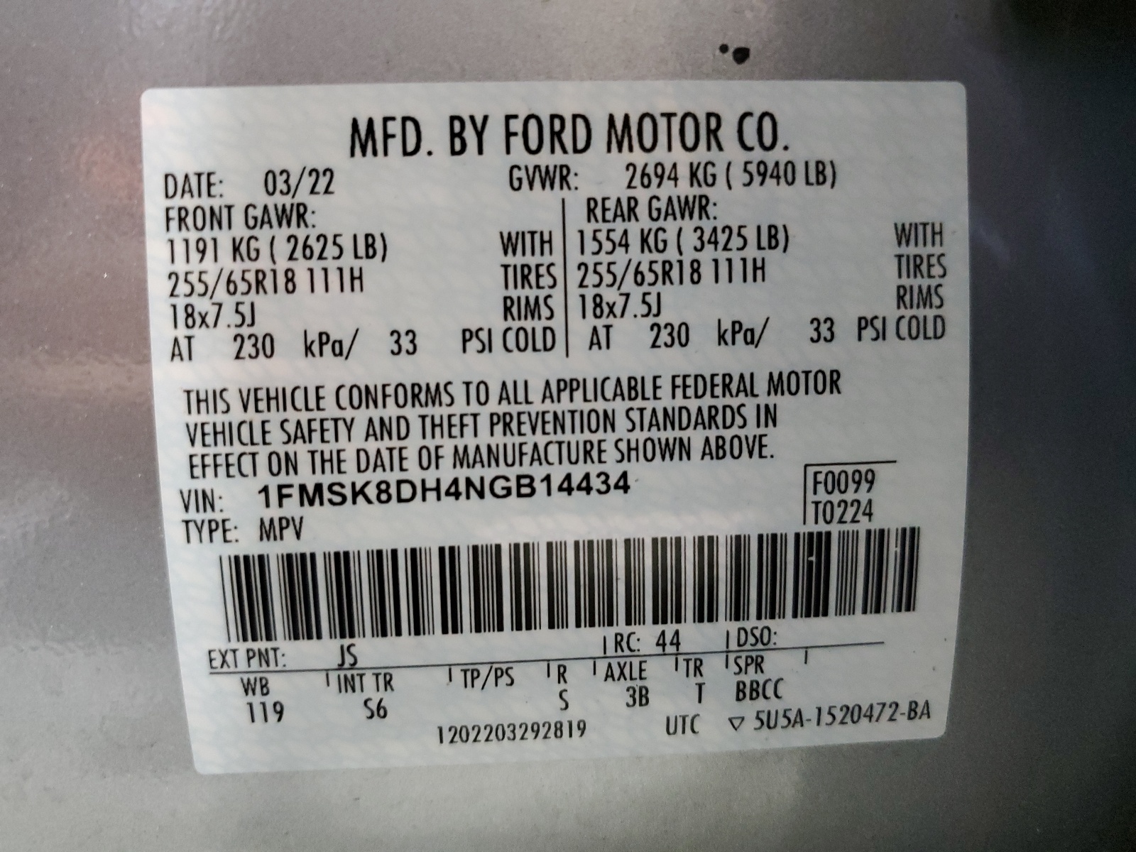 1FMSK8DH4NGB14434 2022 Ford Explorer Xlt