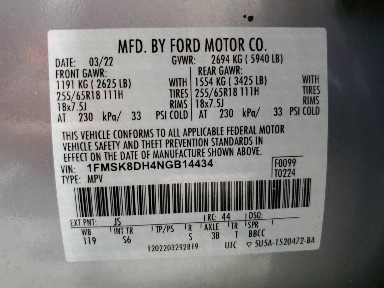 2022 Ford Explorer Xlt VIN: 1FMSK8DH4NGB14434 Lot: 62712644