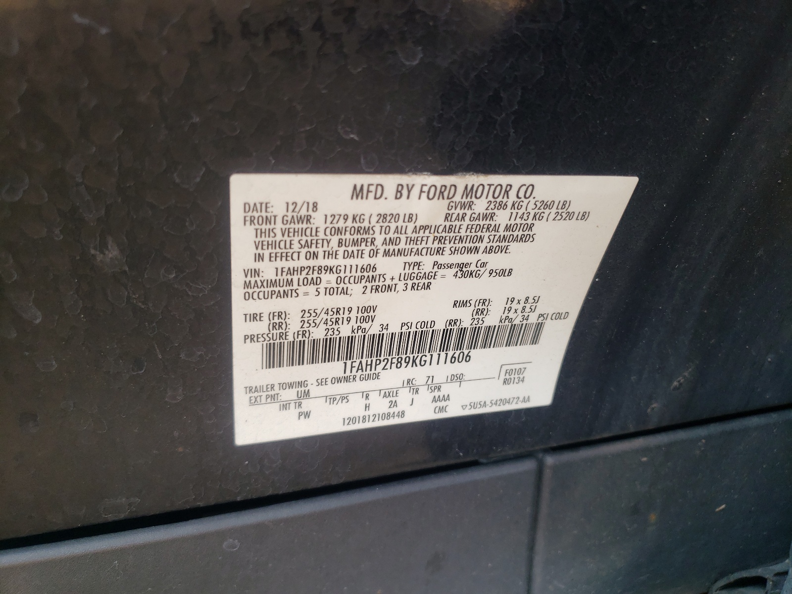 1FAHP2F89KG111606 2019 Ford Taurus Limited