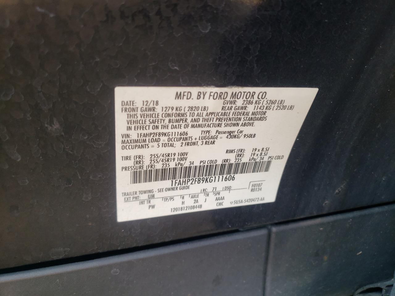 2019 Ford Taurus Limited VIN: 1FAHP2F89KG111606 Lot: 64635034