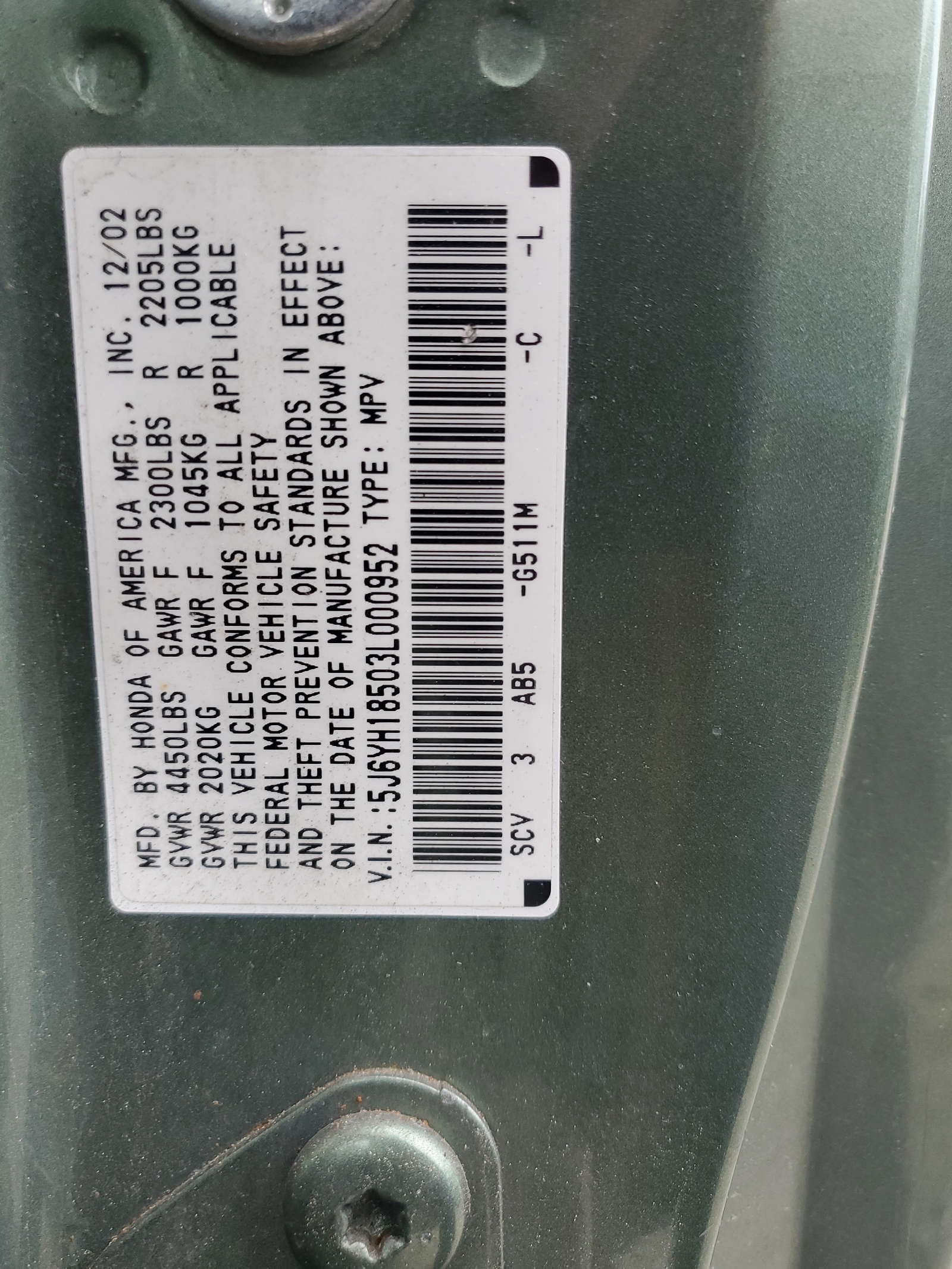 5J6YH18503L000952 2003 Honda Element Ex