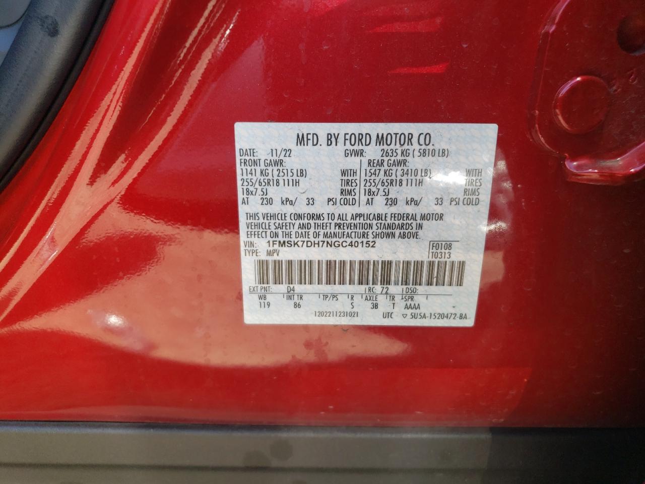 2022 Ford Explorer Xlt VIN: 1FMSK7DH7NGC40152 Lot: 64009864