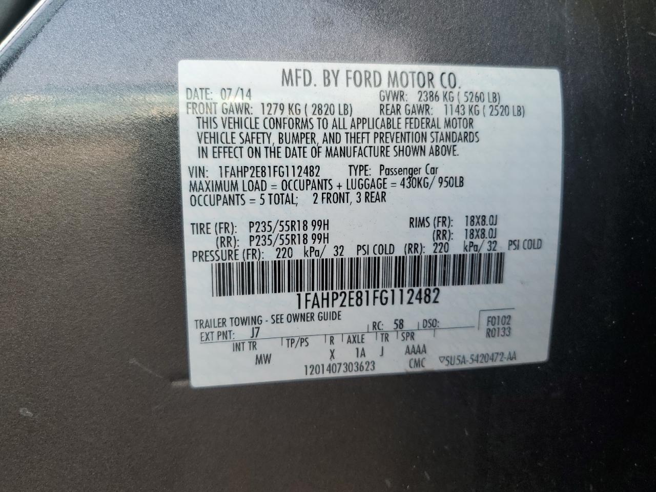 2015 Ford Taurus Sel VIN: 1FAHP2E81FG112482 Lot: 63233194