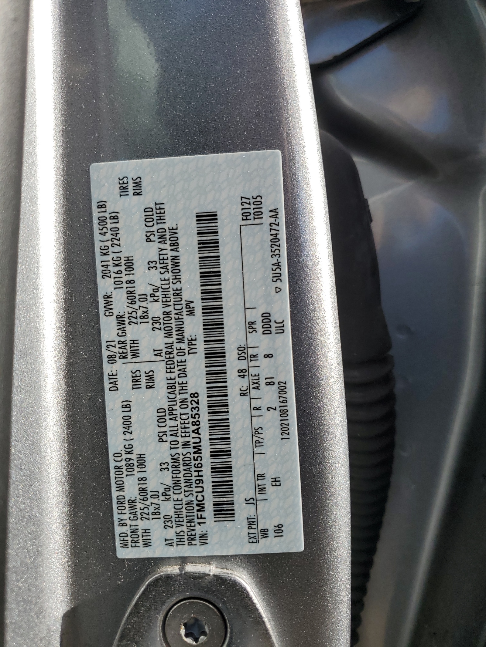 1FMCU9H65MUA85328 2021 Ford Escape Sel