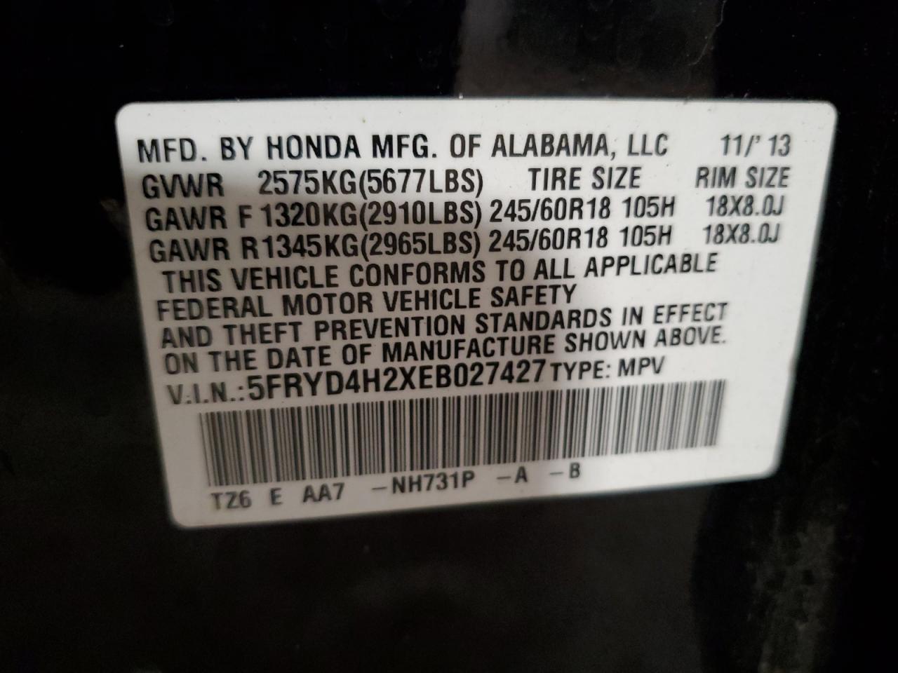 2014 Acura Mdx VIN: 5FRYD4H2XEB027427 Lot: 63332534