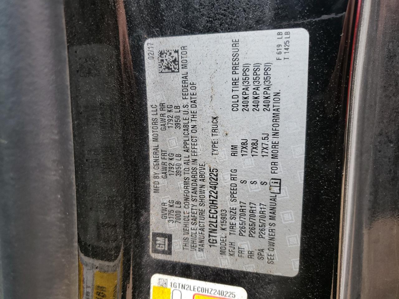 2017 GMC Sierra K1500 VIN: 1GTN2LEC0HZ240225 Lot: 62852194
