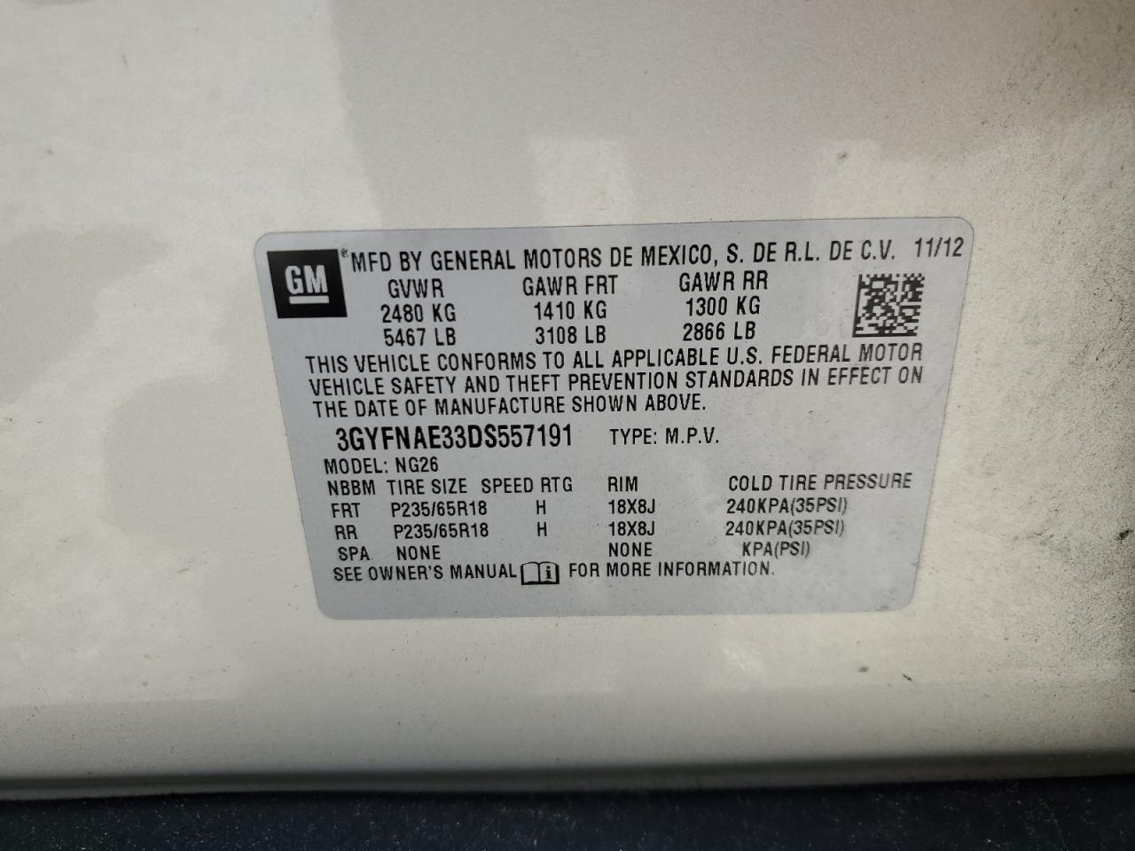 2013 Cadillac Srx VIN: 3GYFNAE33DS557191 Lot: 63882184