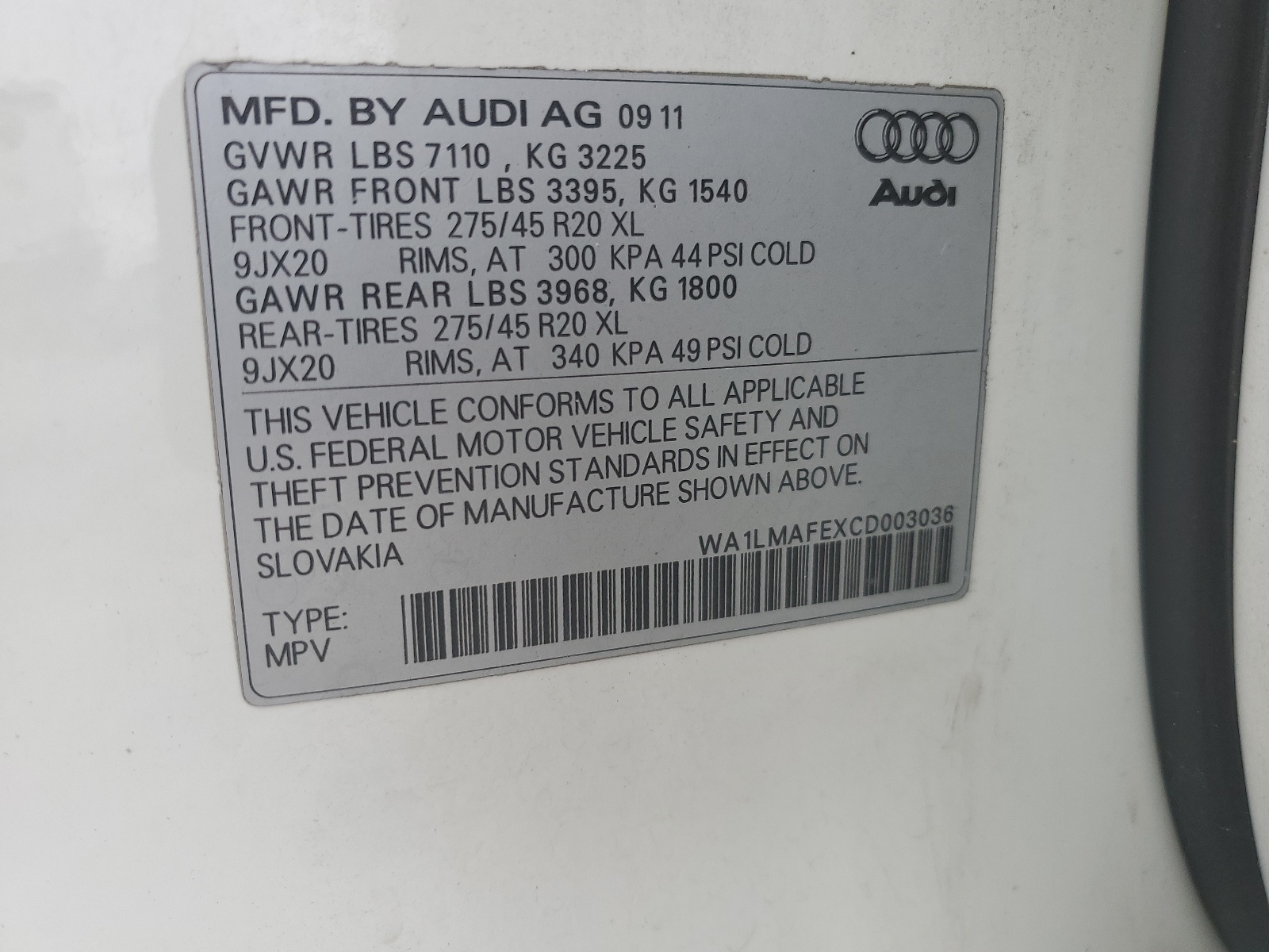 WA1LMAFEXCD003036 2012 Audi Q7 Premium Plus