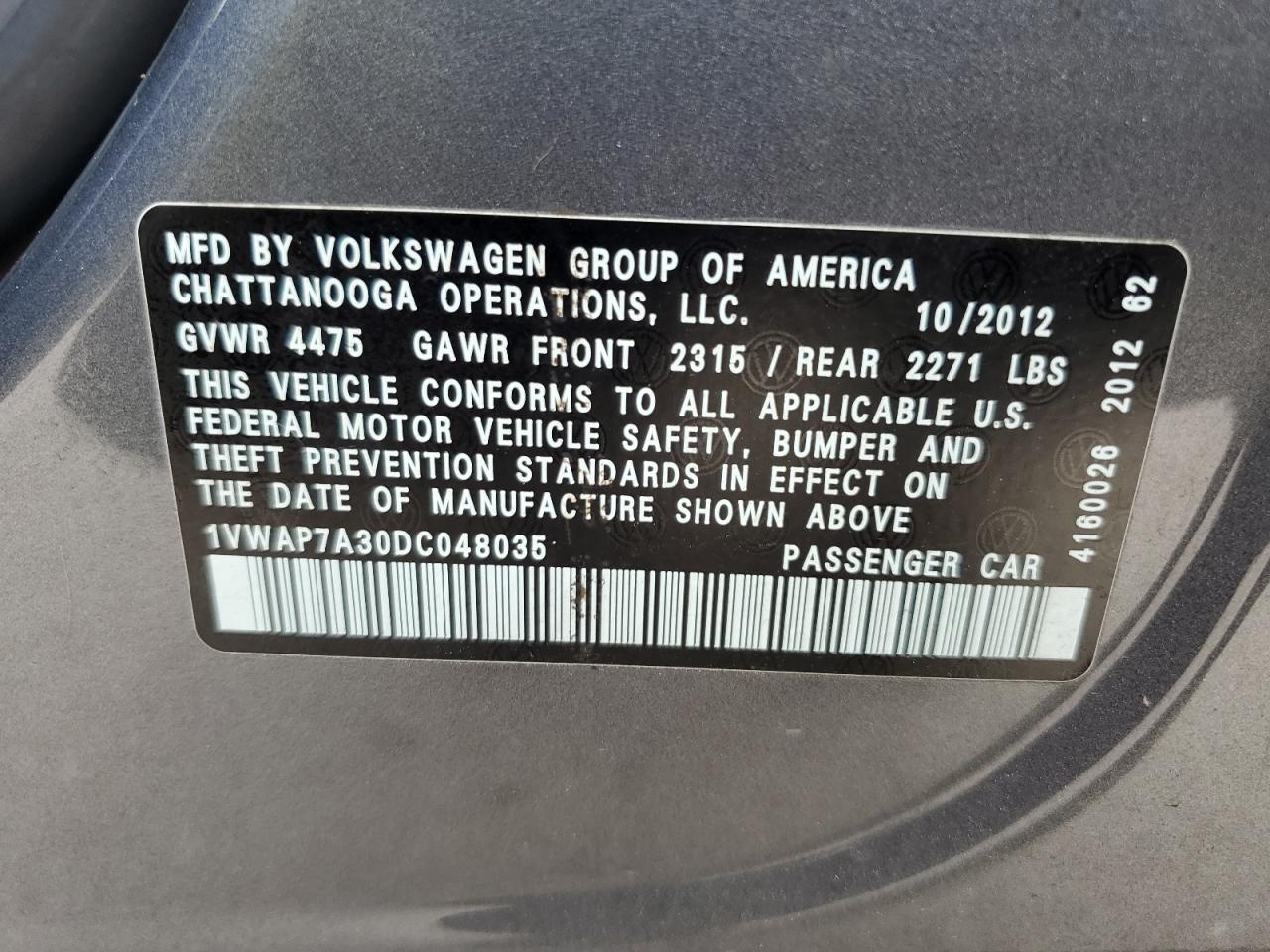 2013 Volkswagen Passat S VIN: 1VWAP7A30DC048035 Lot: 60733674