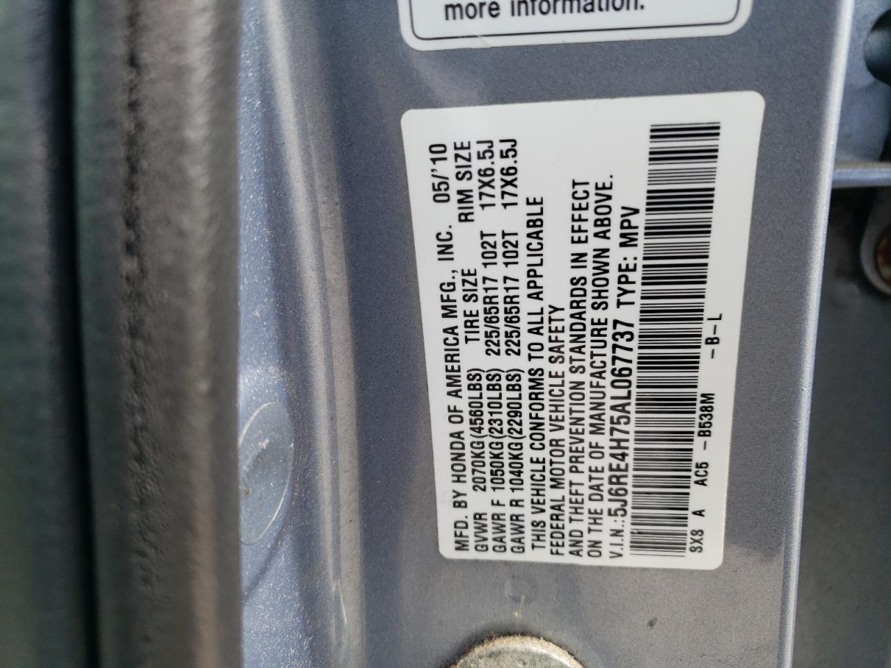 2010 Honda Cr-V Exl VIN: 5J6RE4H75AL067737 Lot: 62332664