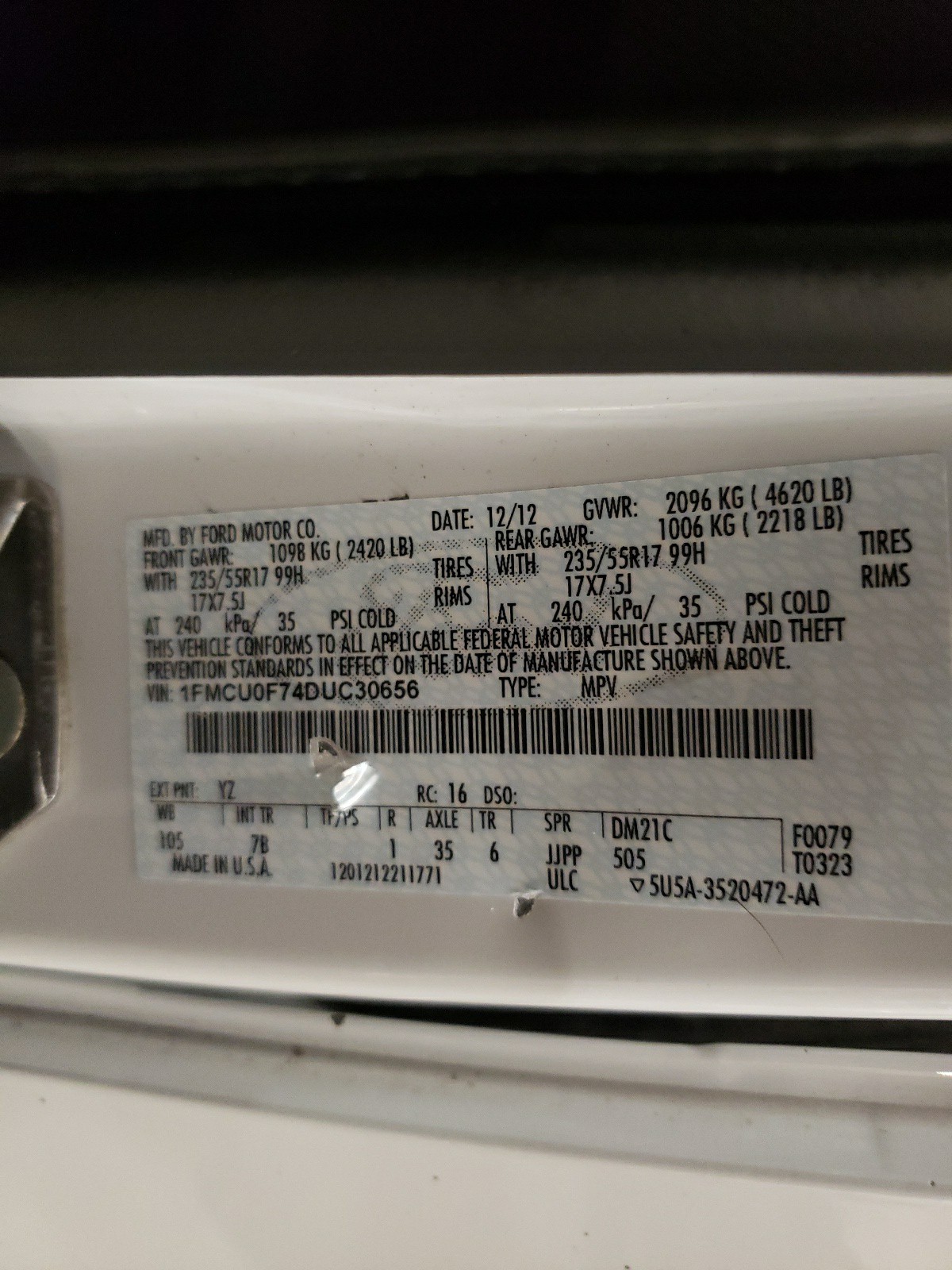 1FMCU0F74DUC30656 2013 Ford Escape S