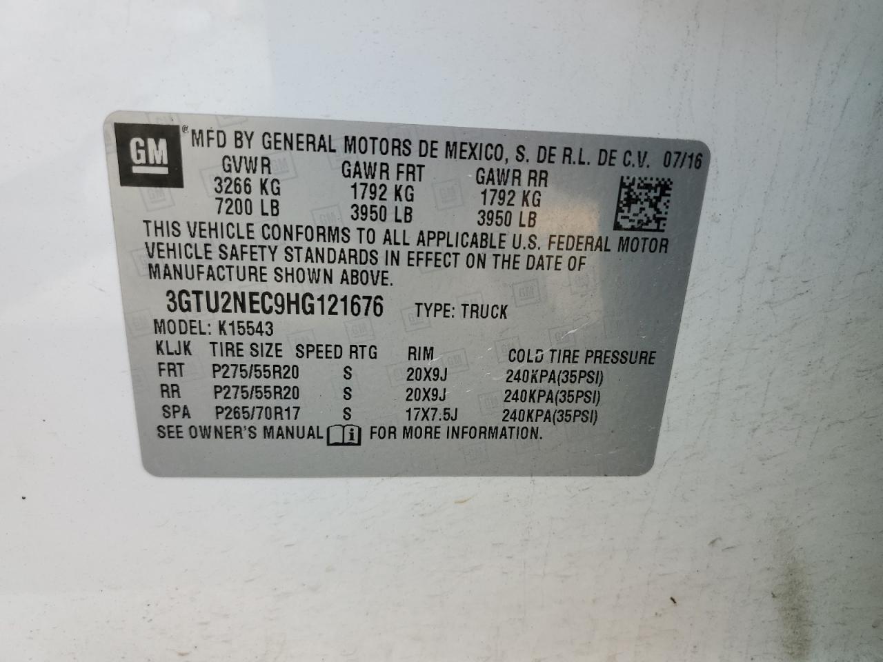 2017 GMC Sierra K1500 Slt VIN: 3GTU2NEC9HG121676 Lot: 62791534