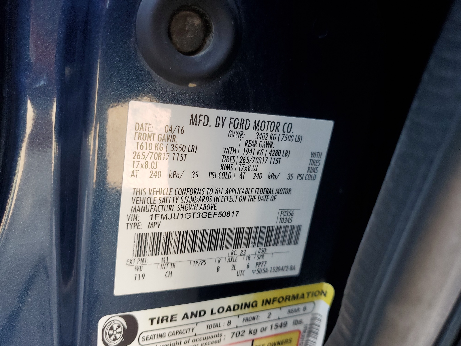 1FMJU1GT3GEF50817 2016 Ford Expedition Xl