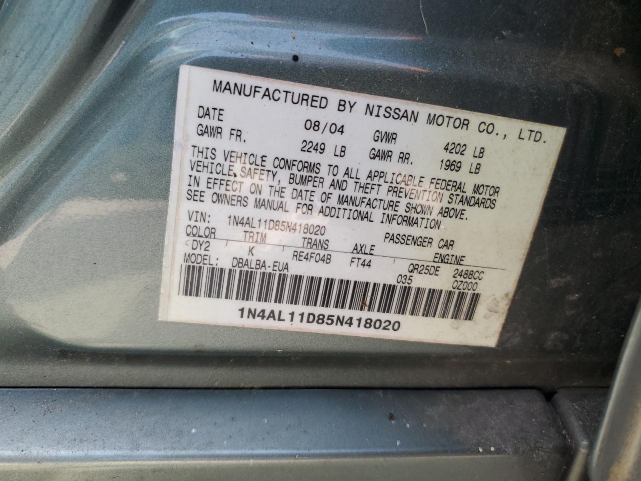 2005 Nissan Altima S VIN: 1N4AL11D85N418020 Lot: 62711574