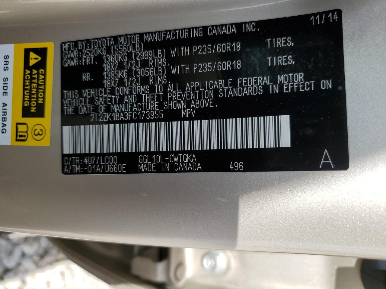 2015 Lexus Rx 350 VIN: 2T2ZK1BA3FC173955 Lot: 64320404