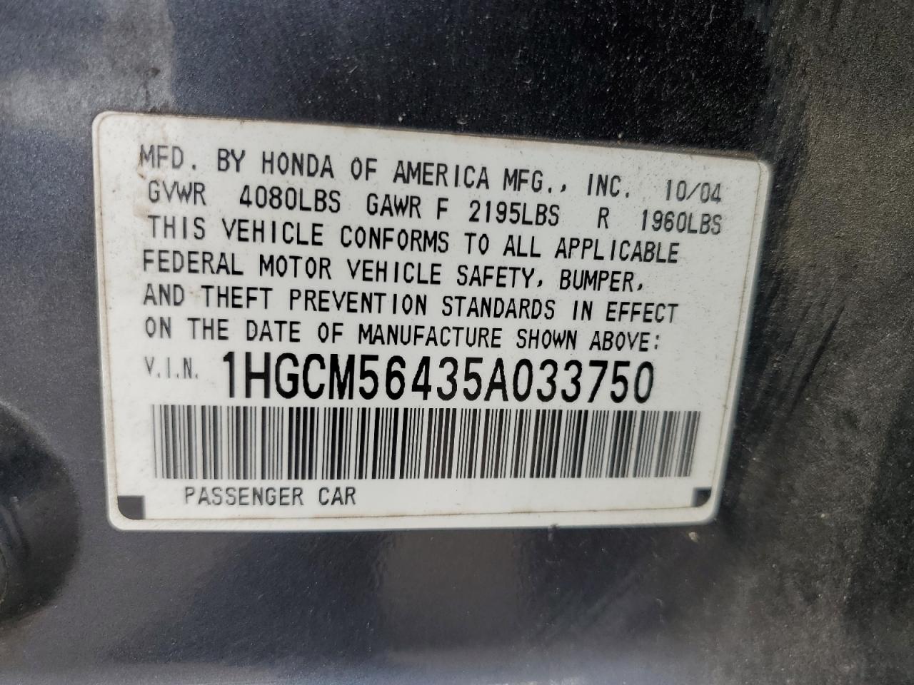 1HGCM56435A033750 2005 Honda Accord Lx