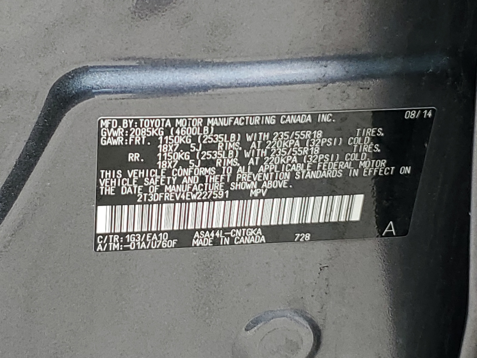 2T3DFREV4EW227591 2014 Toyota Rav4 Limited