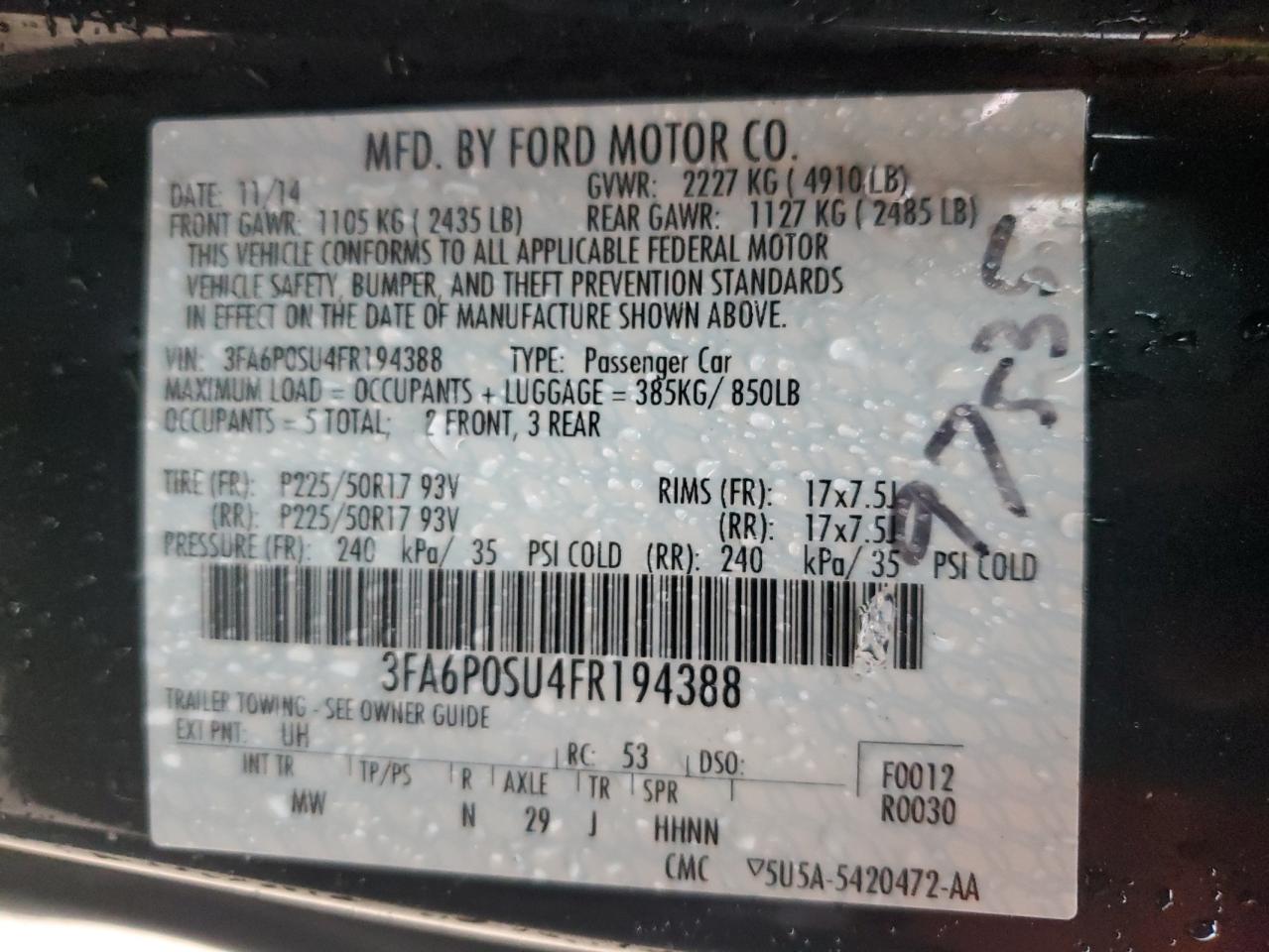2015 Ford Fusion Titanium Phev VIN: 3FA6P0SU4FR194388 Lot: 64254514