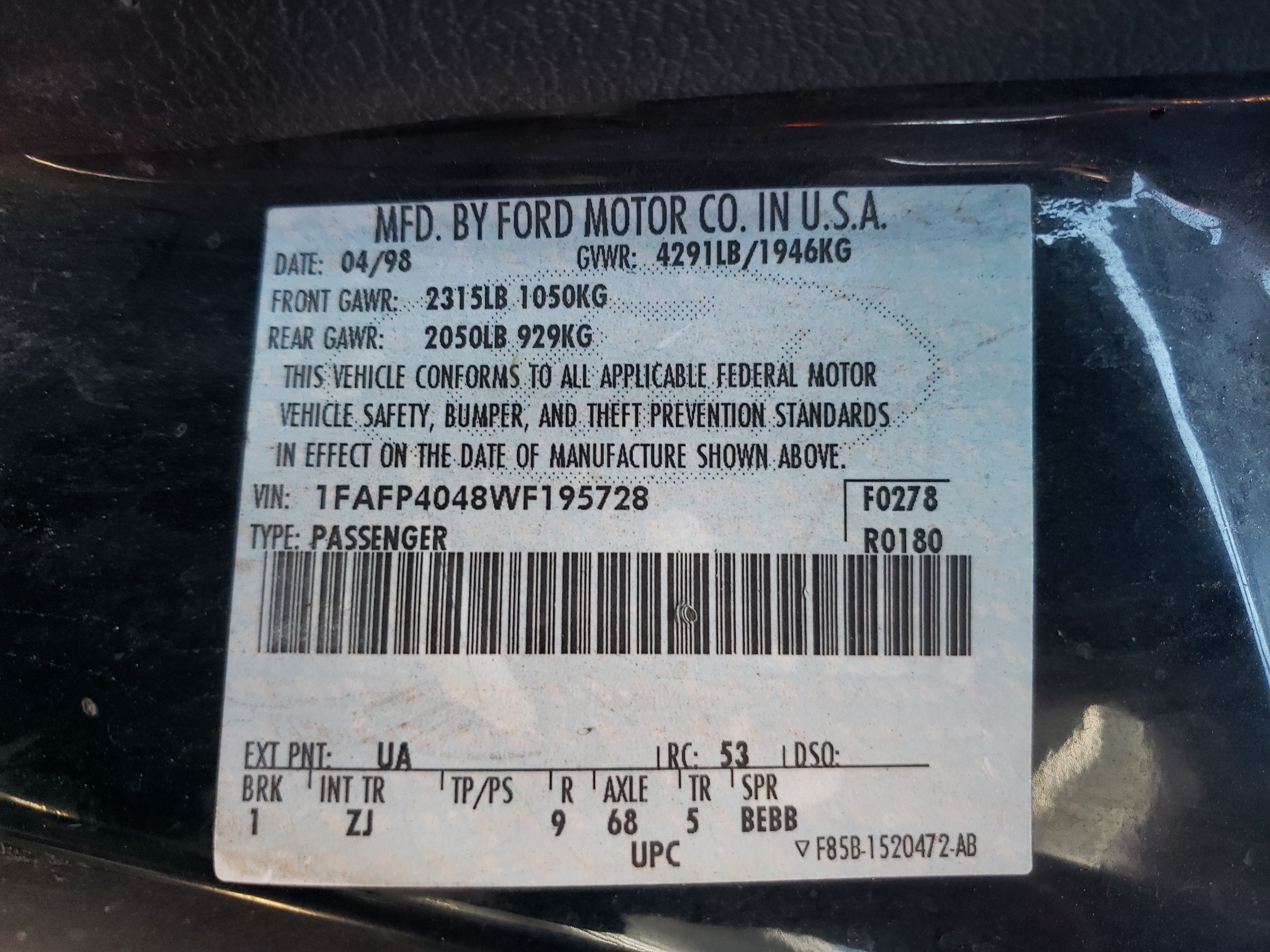 1FAFP4048WF195728 1998 Ford Mustang