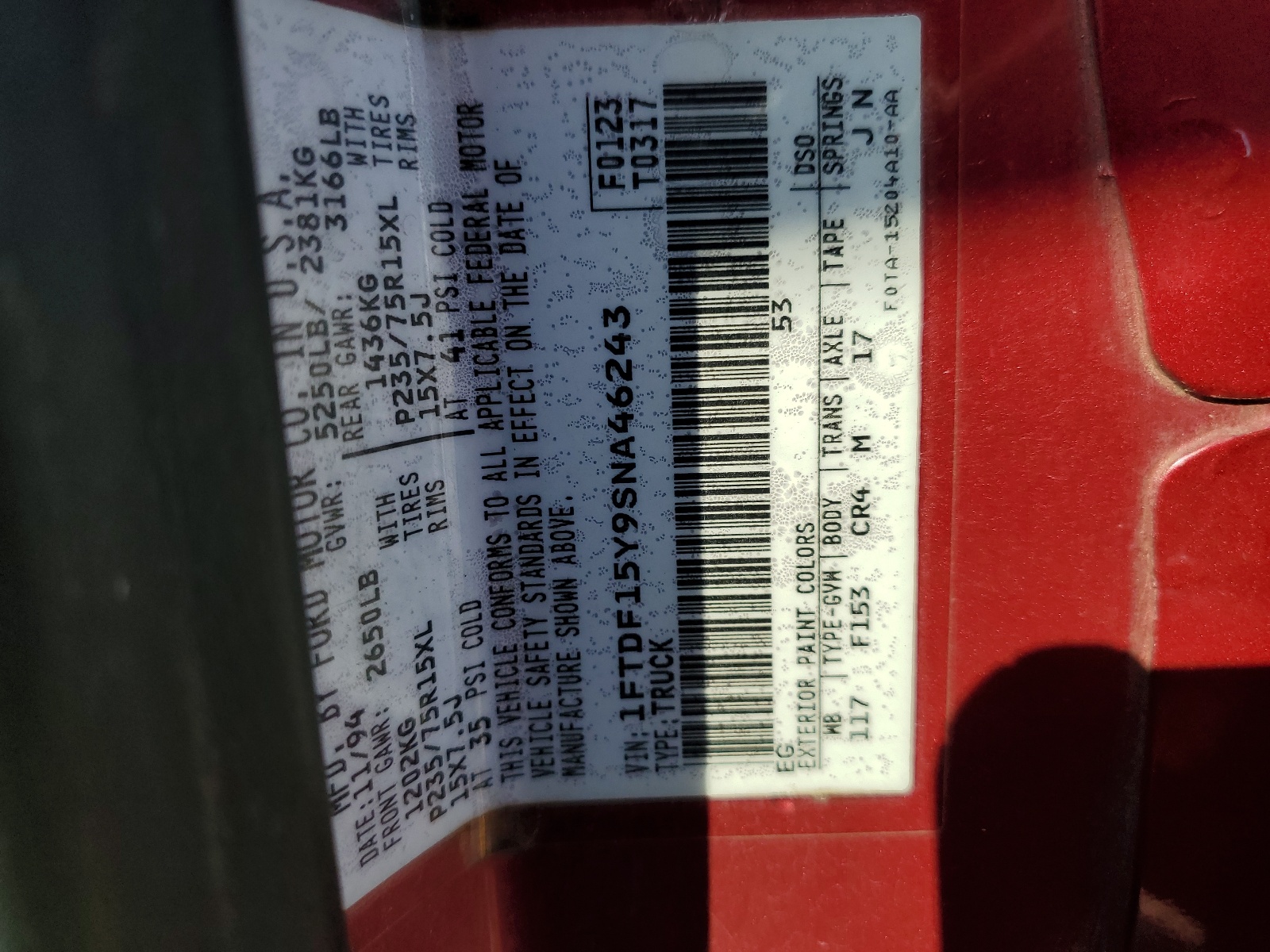 1FTDF15Y9SNA46243 1995 Ford F150