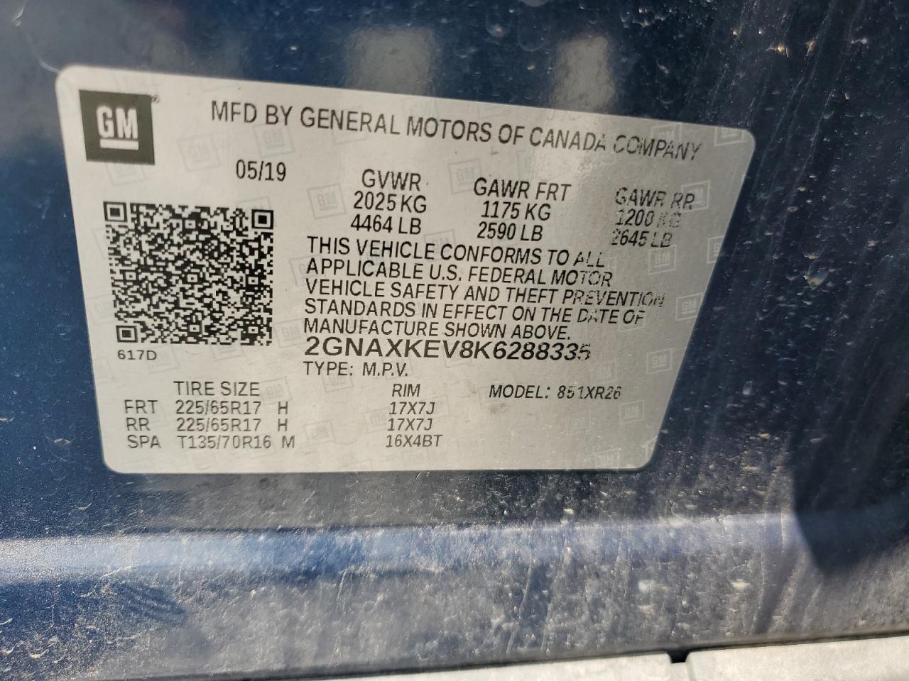 2019 Chevrolet Equinox Lt VIN: 2GNAXKEV8K6288335 Lot: 63706794