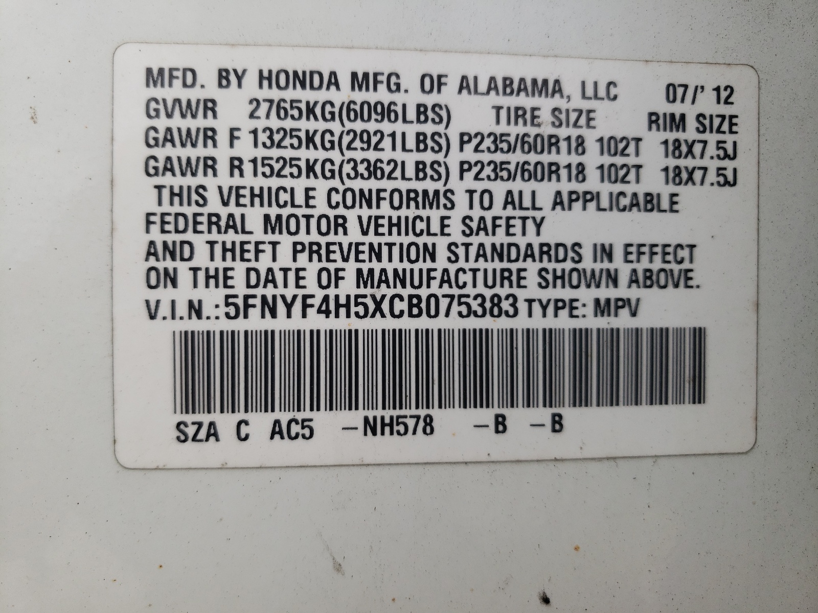 5FNYF4H5XCB075383 2012 Honda Pilot Exl