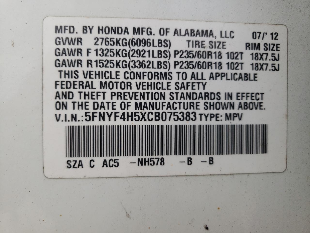 2012 Honda Pilot Exl VIN: 5FNYF4H5XCB075383 Lot: 63469104