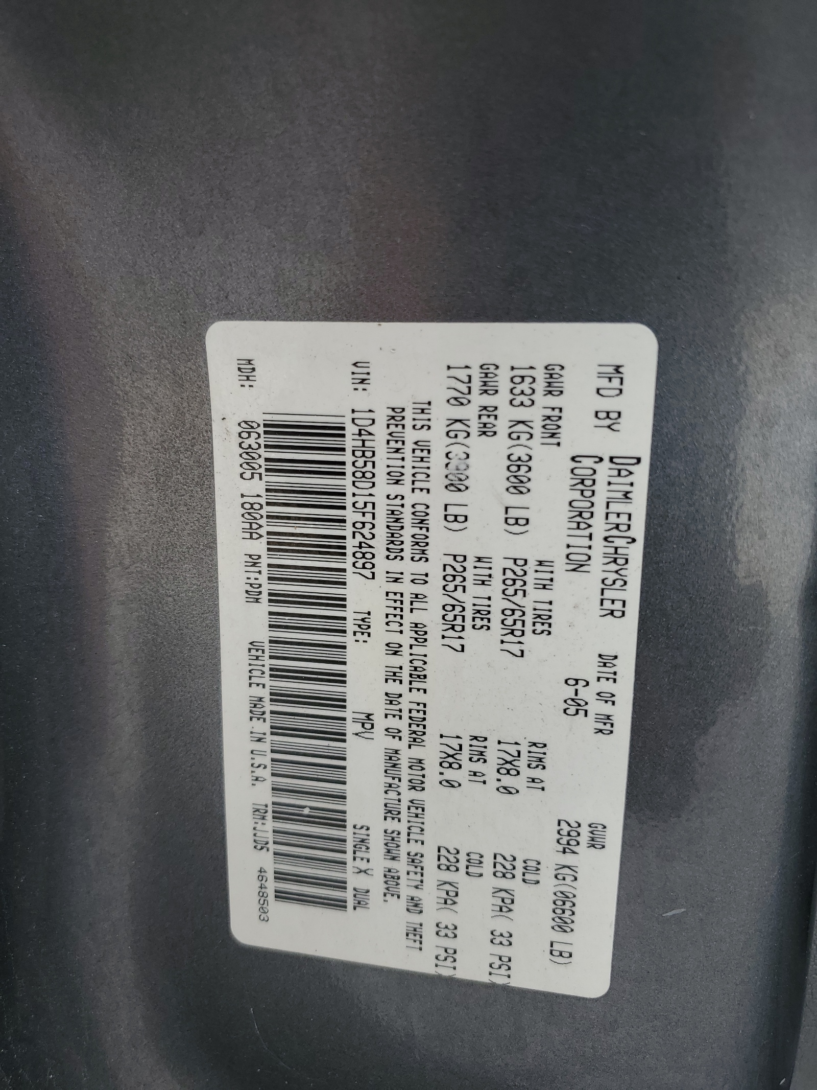 1D4HB58D15F624897 2005 Dodge Durango Limited