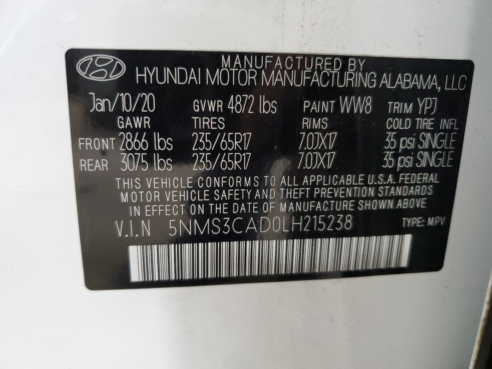 5NMS3CAD0LH215238 2020 Hyundai Santa Fe Sel
