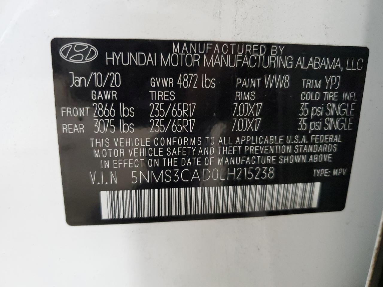 2020 Hyundai Santa Fe Sel VIN: 5NMS3CAD0LH215238 Lot: 63489984