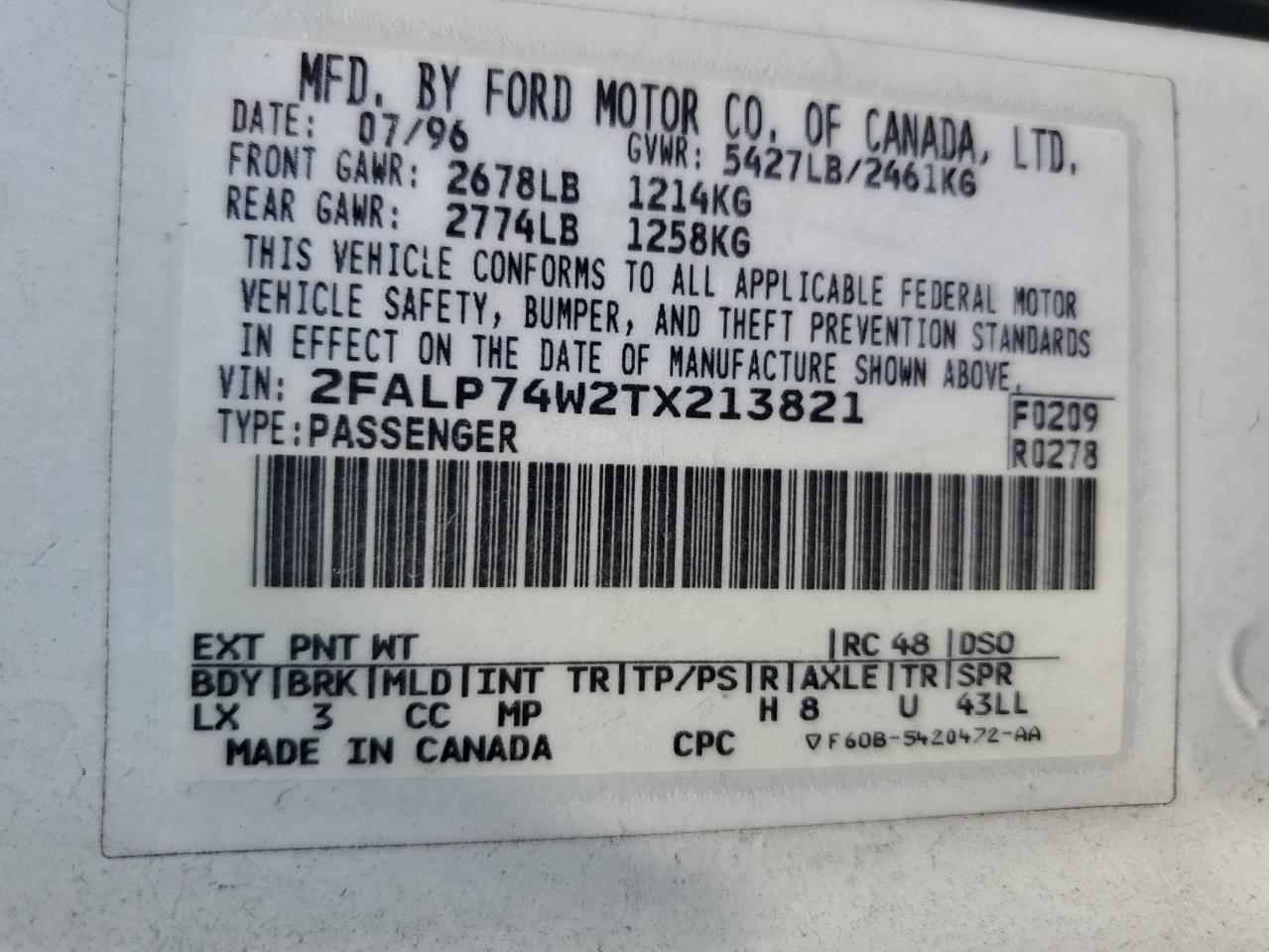 1996 Ford Crown Victoria Lx VIN: 2FALP74W2TX213821 Lot: 63081474