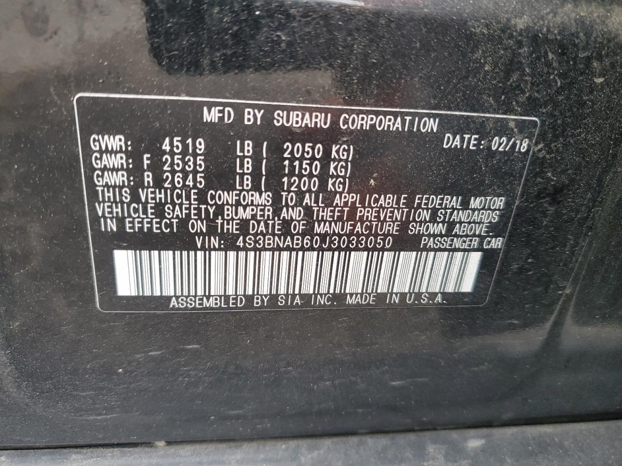 4S3BNAB60J3033050 2018 Subaru Legacy 2.5I