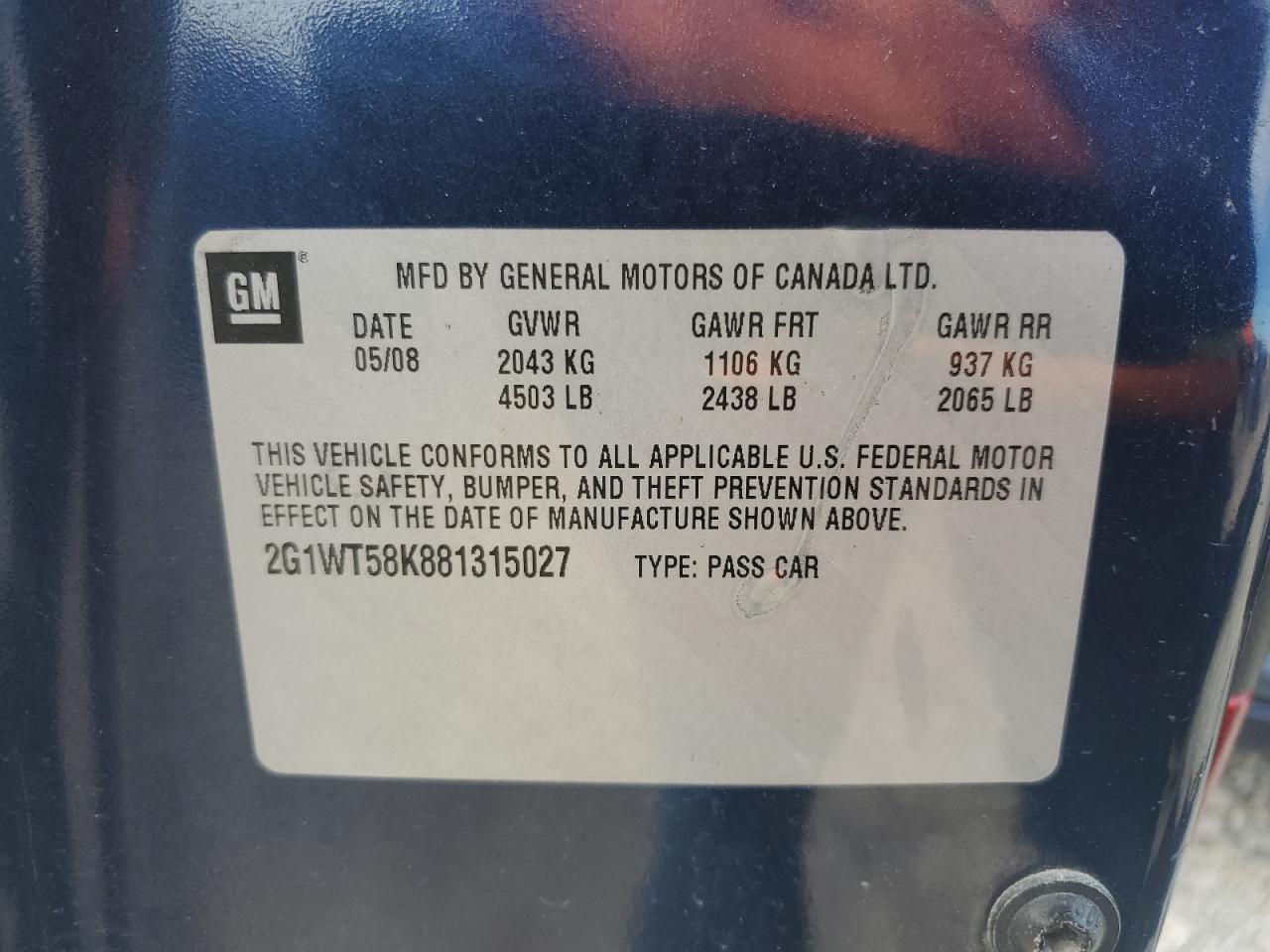 2008 Chevrolet Impala Lt VIN: 2G1WT58K881315027 Lot: 61664404