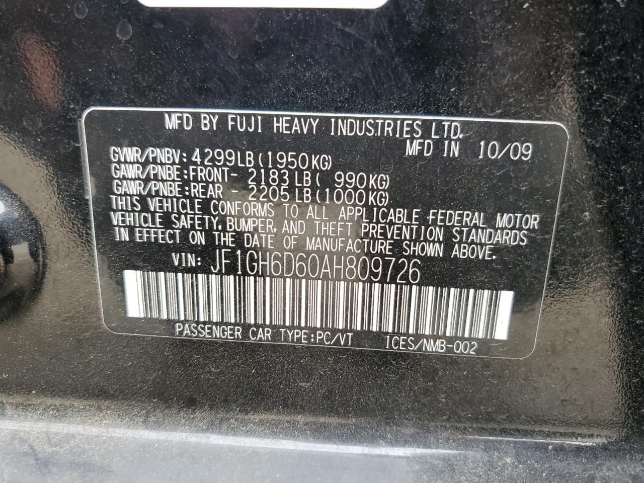 2010 Subaru Impreza Outback Sport VIN: JF1GH6D60AH809726 Lot: 63500234