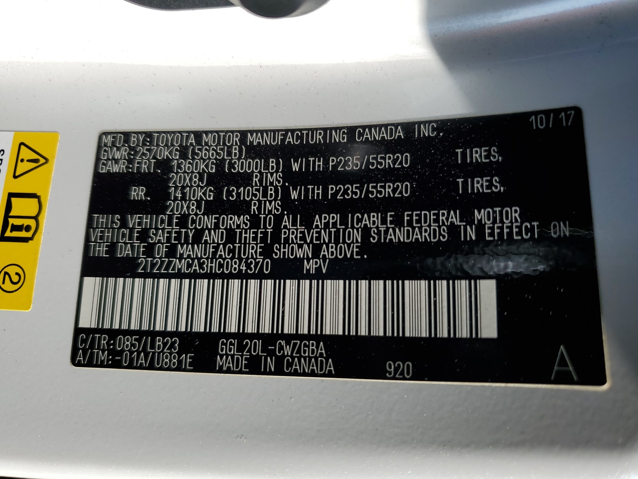 2T2ZZMCA3HC084370 2017 Lexus Rx 350 Base