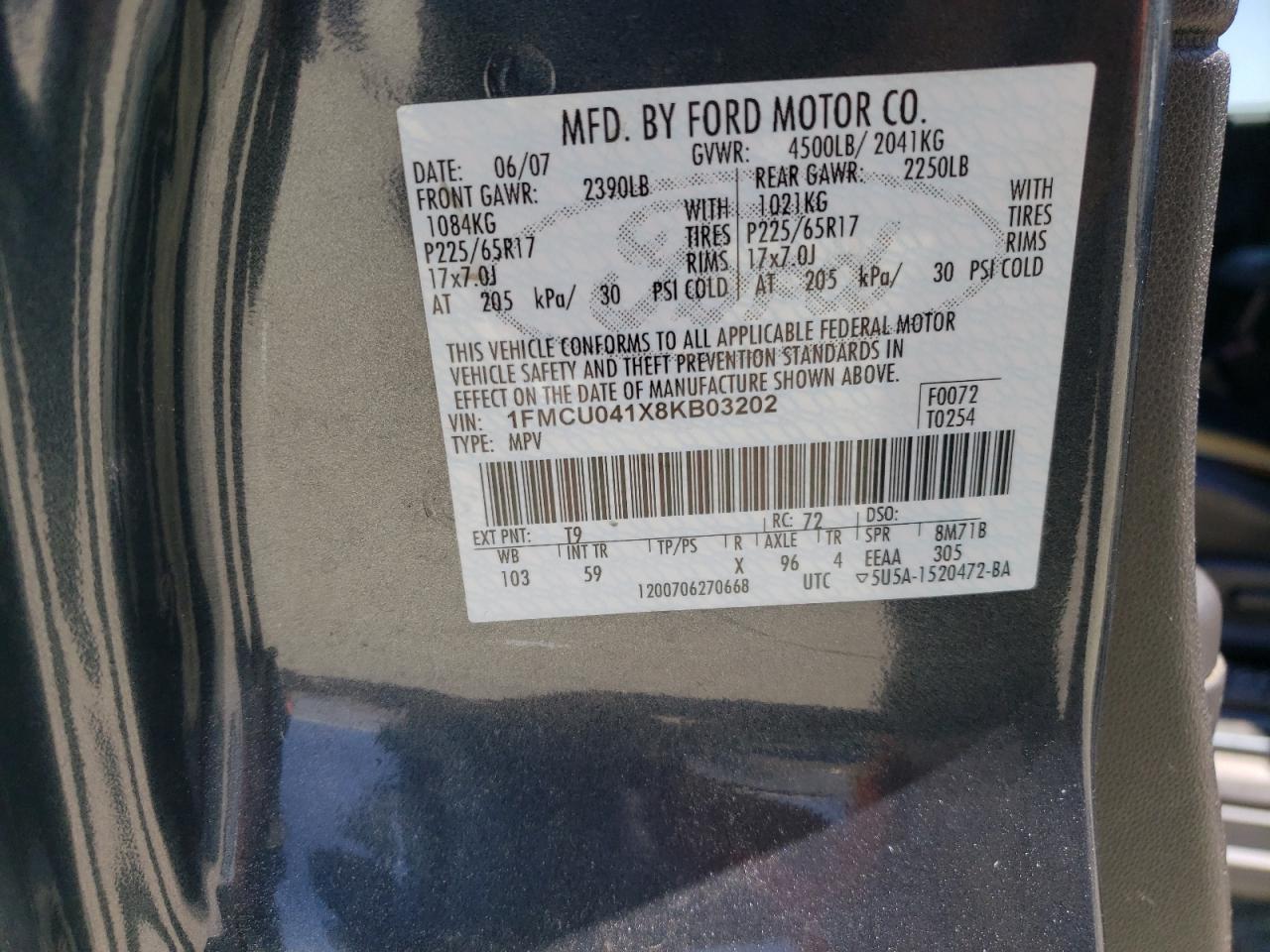 2008 Ford Escape Limited VIN: 1FMCU041X8KB03202 Lot: 64297644