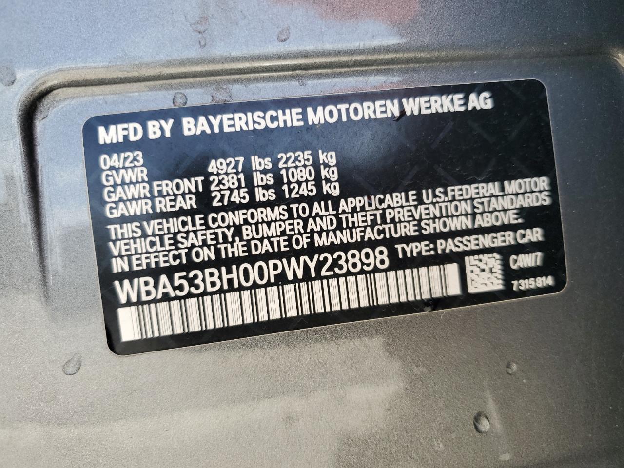 2023 BMW 530 I VIN: WBA53BH00PWY23898 Lot: 63477074