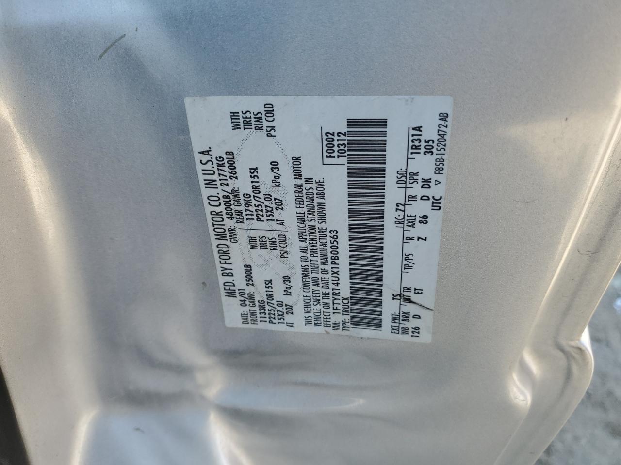 2001 Ford Ranger Super Cab VIN: 1FTYR14UX1PB00563 Lot: 61107494