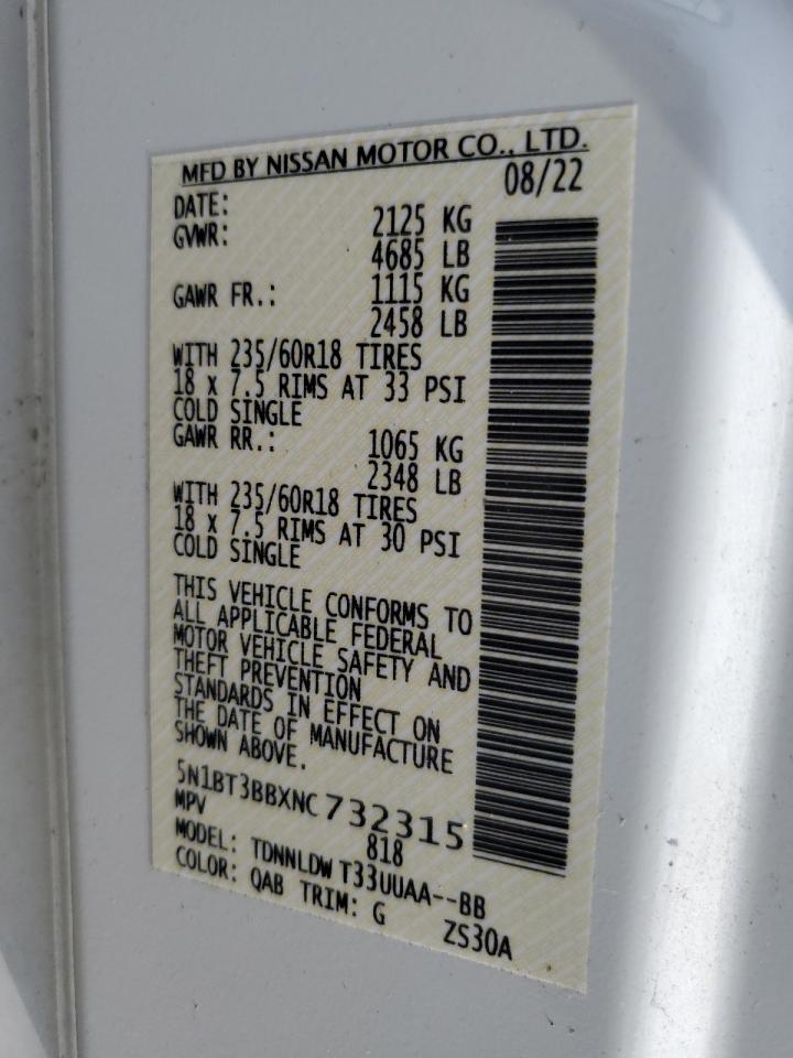 2022 Nissan Rogue Sv VIN: 5N1BT3BBXNC732315 Lot: 65162244