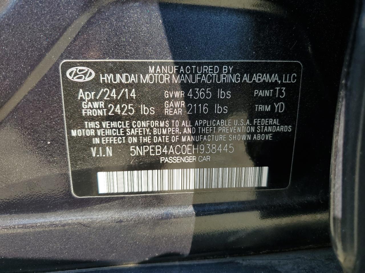 5NPEB4AC0EH938445 2014 Hyundai Sonata Gls