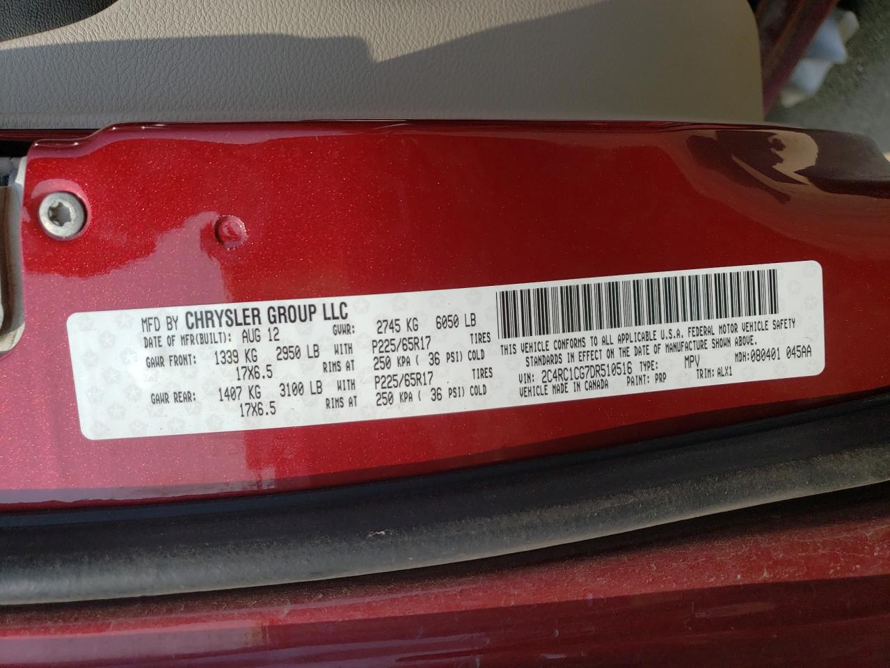 2013 Chrysler Town & Country Touring L VIN: 2C4RC1CG7DR510516 Lot: 63776794