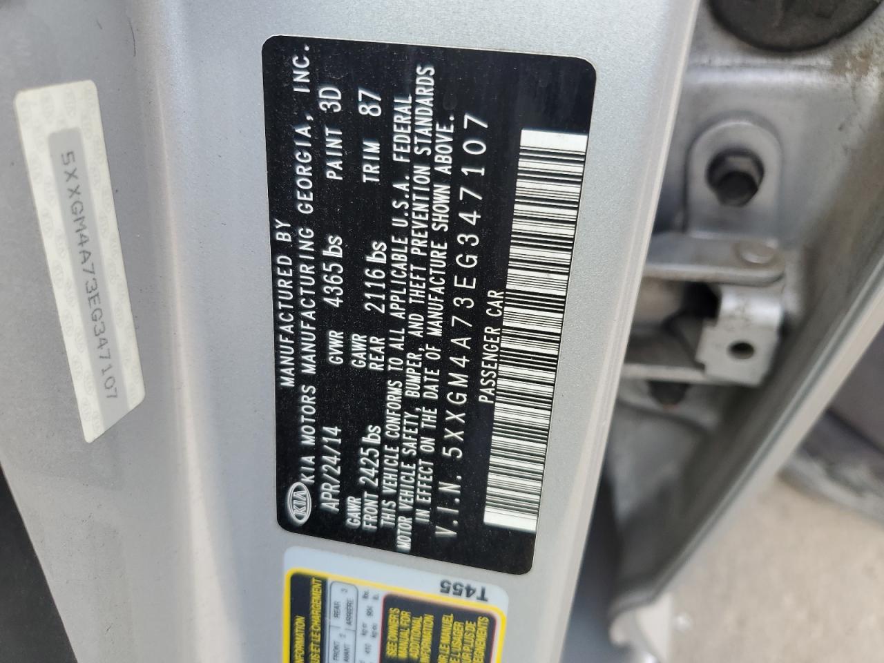 2014 Kia Optima Lx VIN: 5XXGM4A73EG347107 Lot: 63680944