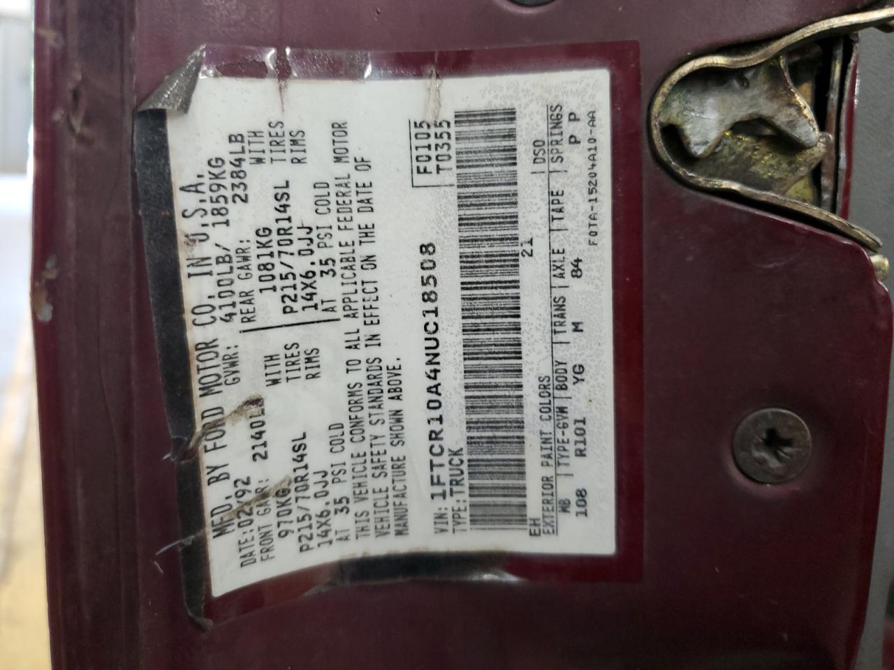 1992 Ford Ranger VIN: 1FTCR10A4NUC18508 Lot: 64207904