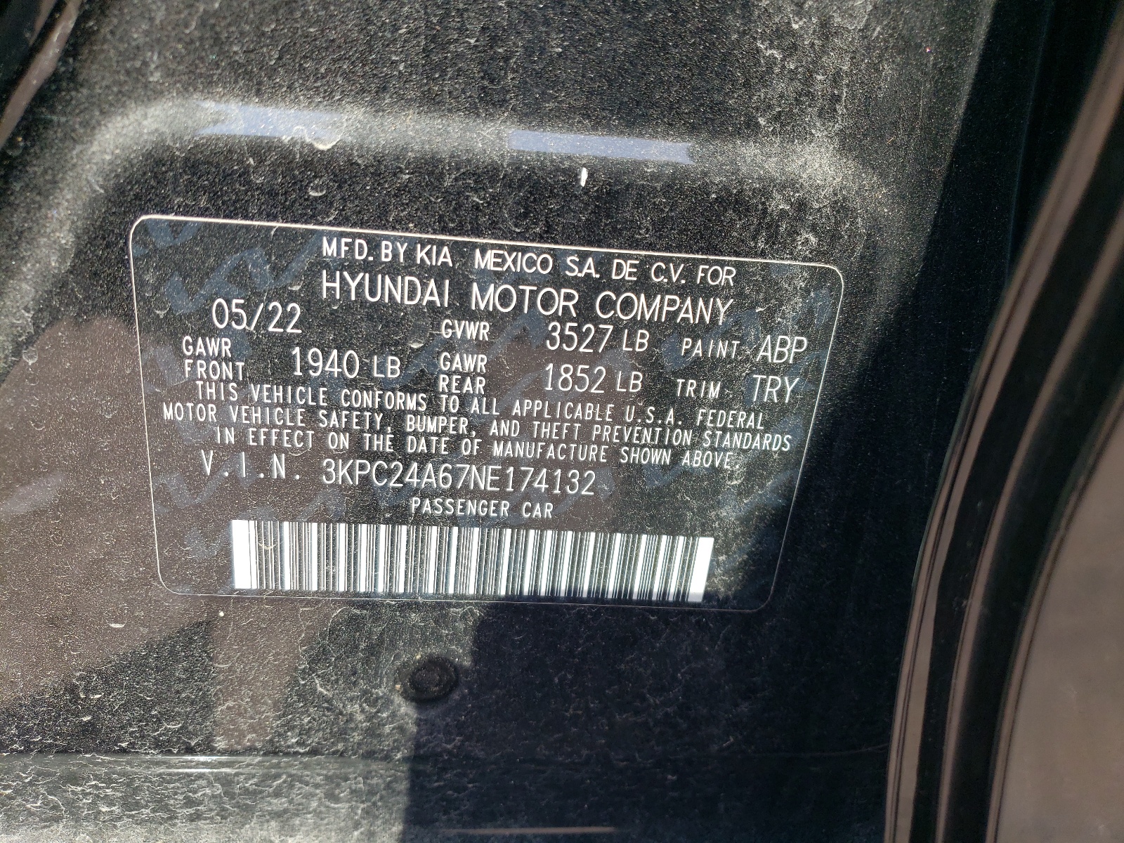 3KPC24A67NE174132 2022 Hyundai Accent Se